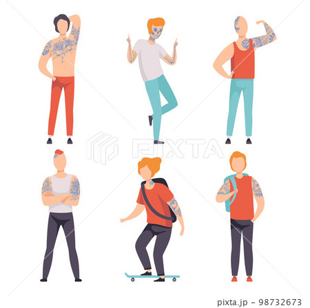Tattooed or Inked Man in Standing Pose and on Skateboard Vector Set 98732673