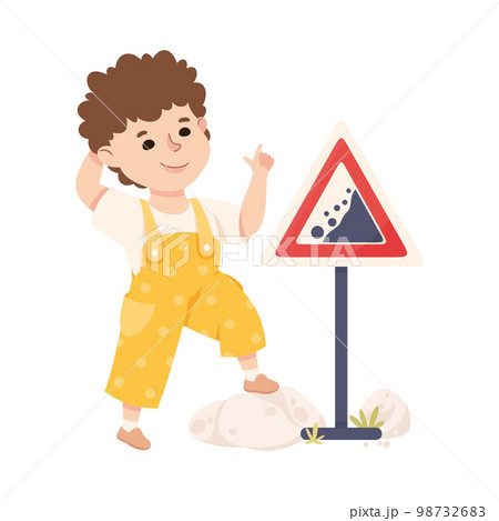 Cute Boy Standing Near Falling Rocks Traffic Sign on Pole Learning Rules of Road Vector Illustration 98732683