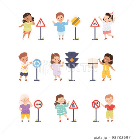 Cute Children Learning Rules of Road Engaged in Traffic Education Vector Set 98732697