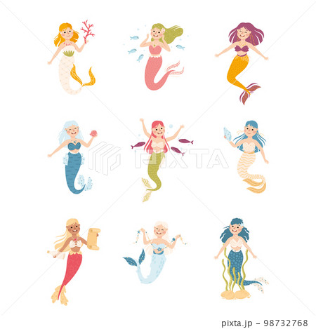Mermaid with Wavy Hair Floating Underwater Vector Set Mermaid with Wavy Hair Floating Underwater Vector Set 98732768