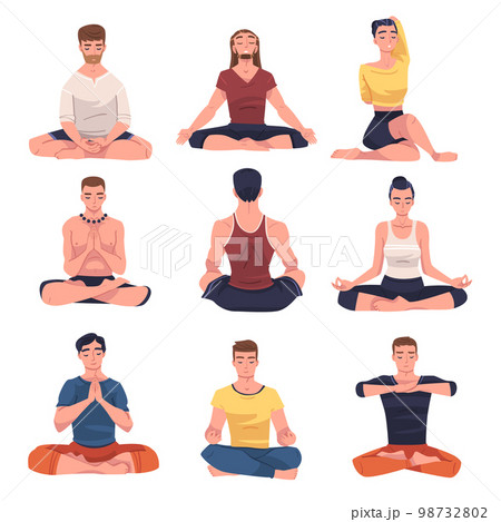 People Character Doing Meditation Sitting in Lotus Pose Practicing Mindfulness Vector Set People Character Doing Meditation Sitting in Lotus Pose Practicing Mindfulness Vector Set 98732802