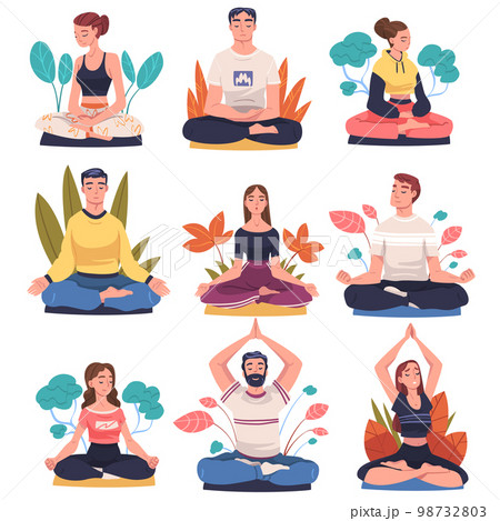 People Character Doing Meditation Sitting in Lotus Pose Practicing Mindfulness Vector Set People Character Doing Meditation Sitting in Lotus Pose Practicing Mindfulness Vector Set 98732803