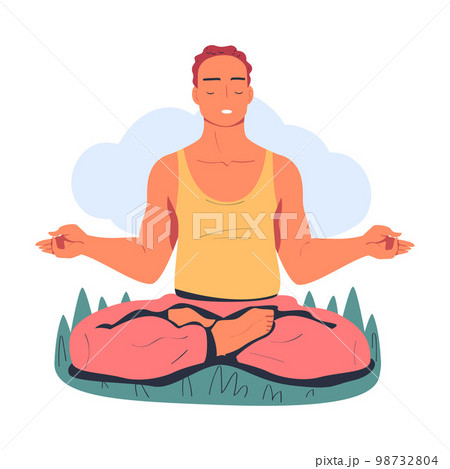 Man meditating on nature. Meditation practice, harmony, healthy lifestyle cartoon vector illustration Man meditating on nature. Meditation practice, harmony, healthy lifestyle cartoon vector illustration 98732804