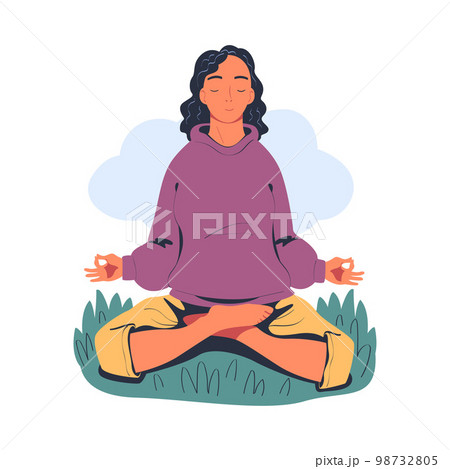 Young woman meditating while sitting in lotus on nature. Meditation practice, harmony, healthy lifestyle cartoon vector illustration Young woman meditating while sitting in lotus on nature. Meditation practice, harmony, healthy lifestyle cartoon vector illustration 98732805