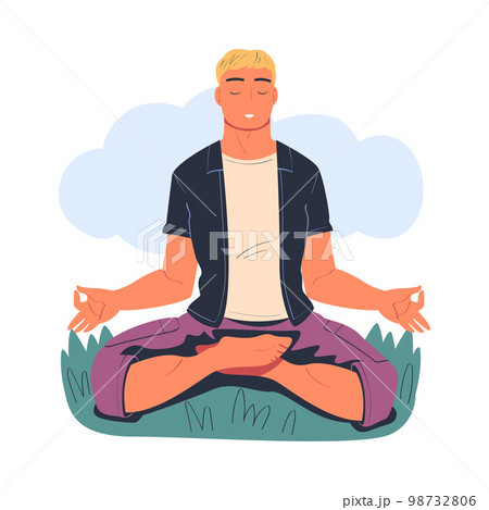 Young man meditating while sitting in lotus on nature. Meditation practice, harmony, healthy lifestyle cartoon vector illustration Young man meditating while sitting in lotus on nature. Meditation practice, harmony, healthy lifestyle cartoon vector illustration 98732806