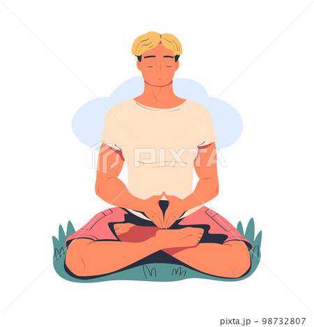 Peaceful young man meditating while sitting in lotus pose on nature. Meditation practice, harmony, healthy lifestyle cartoon vector illustration Peaceful young man meditating while sitting in lotus pose on nature. Meditation practice, harmony, healthy lifestyle cartoon vector illustration 98732807