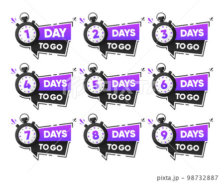 Countdown Days To Go banner. Sale time countdown. Countdown Badges and Stickers. There are nine, eight, seven, six, five, four, three, two, one, zero days to go. Vector illustration. 98732887