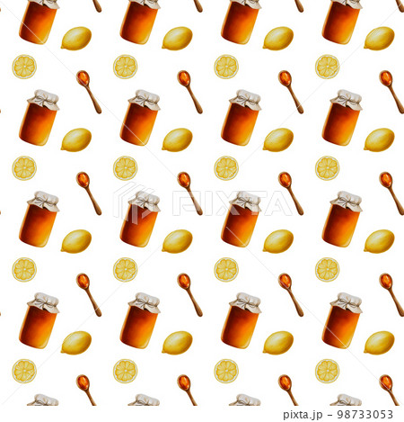 Watercolor seamless pattern with amber linden honey jars with lemon. Wooden spoon with honey. Honey flowing from a stick. Hand drawn immunity strengthening vitamins illustration 98733053