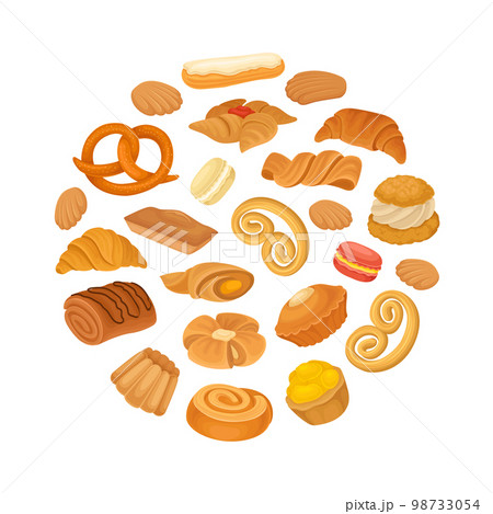 French Bakery and Pastry Round Composition Design with Sweet Dough Products Vector Template French Bakery and Pastry Round Composition Design with Sweet Dough Products Vector Template 98733054
