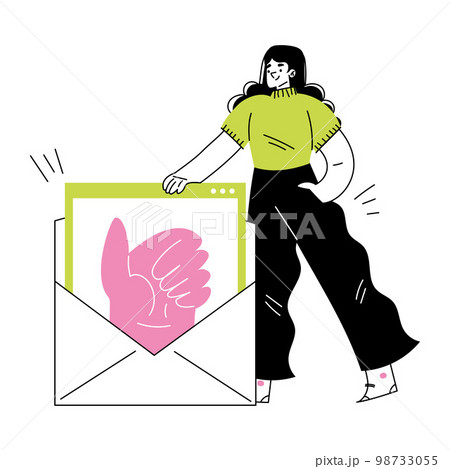 Woman on Freelance Standing at Open Envelope with Thumb Up Mail Vector Illustration Woman on Freelance Standing at Open Envelope with Thumb Up Mail Vector Illustration 98733055