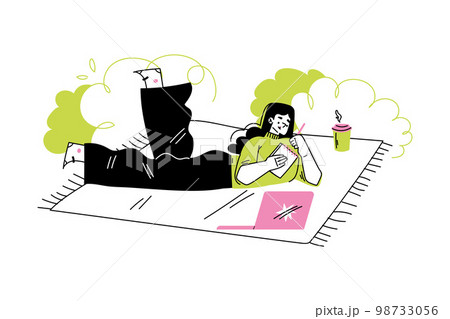 Woman on Freelance Lying on Blanket Outdoor with Laptop Writing in Notepad Vector Illustration 98733056