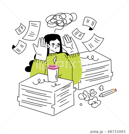 Woman on Freelance Sitting at Desk with Loads of Paper Work Vector Illustration 98733065