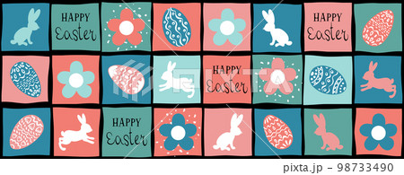 Happy Easter banner. Horizontal Easter design with typography, flowers, eggs and rabbits. Modern minimalistic style. 98733490