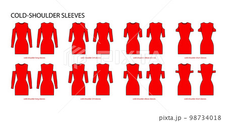 Set of Cold-shoulder sleeves clothes long, 3-4, elbow, short length technical fashion illustration with fitted body Flat 98734018
