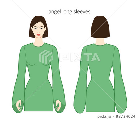 Angel sleeves long length clothes character beautiful lady in gleen top, shirt, dress technical fashion illustration 98734024