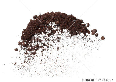 Coffee powder mix bean fly explosion, Coffee crushed mix seed float explode, abstract cloud fly. Coffee dust powder bean splash throwing in Air. White background Isolated high speed shutter, freeze 98734202
