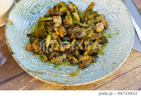 Portion of lechecillas de ternasco served on table Portion of lechecillas de ternasco served on table 98734832