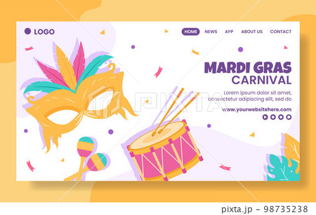 Mardi Gras Carnival Social Media Landing Page Flat Cartoon Hand Drawn Templates Illustration 98735238