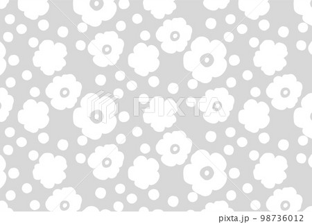 ナチュラルな白の花柄と水玉のグレーの壁紙のイラスト素材 [98736012 ...
