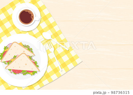 木のテーブルに置かれた三角サンドイッチ、コーヒー、テーブルクロスの背景イラスト 98736315