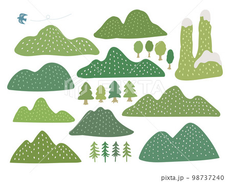 手描きの山と木のセット 98737240