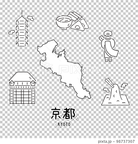 日本の京都府のグルメ観光アイコンセット（線画白黒） 98737307