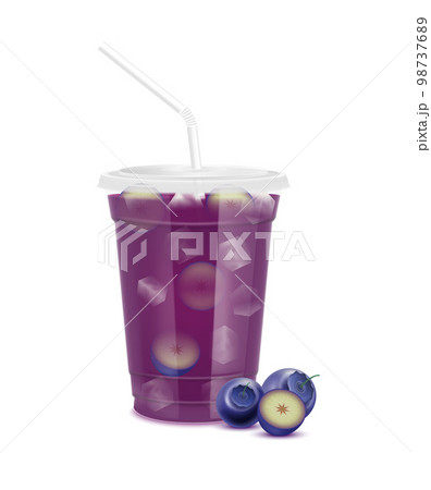 Purple fresh blueberry juice glass and slices half. Fruit juice in clear plastic transparent cup flat lid, ice and straw tube. Purple fresh blueberry juice glass and slices half. Fruit juice in clear plastic transparent cup flat lid, ice and straw tube. 98737689