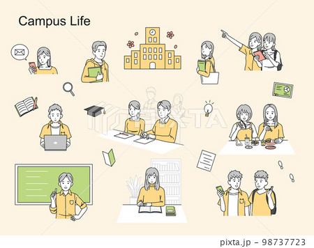 キャンパスライフ　大学生のイラストセット 98737723