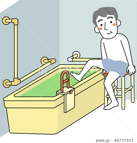 入浴用の椅子を使って浴槽にはいるシニア男性 98737915