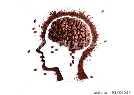 A flat profile icon illustration of a head with a brain made of coffee beans, symbolizing caffeine addiction and the intense connection between coffee and a person's thoughts and habits. 98739037