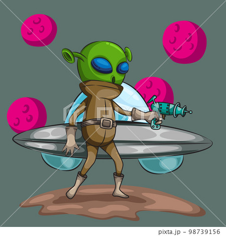 Aliens with guns standing in front of the spacecraft 98739156