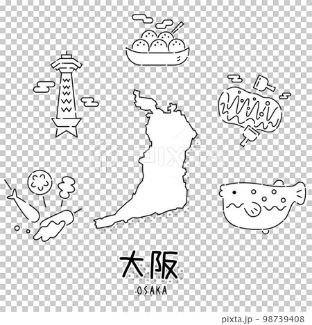 日本の大阪府のグルメ観光アイコンセット(線画白黒) 日本の大阪府のグルメ観光アイコンセット(線画白黒) 98739408