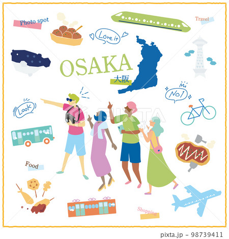 日本の大阪府のグルメ観光を楽しむ旅行客とアイコンセット 98739411