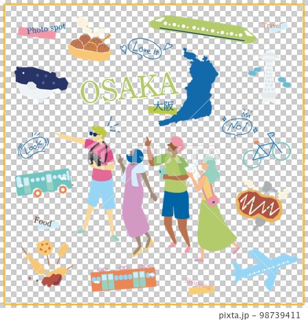 Icon set with tourists who enjoy gourmet sightseeing in Osaka Prefecture, Japan 98739411