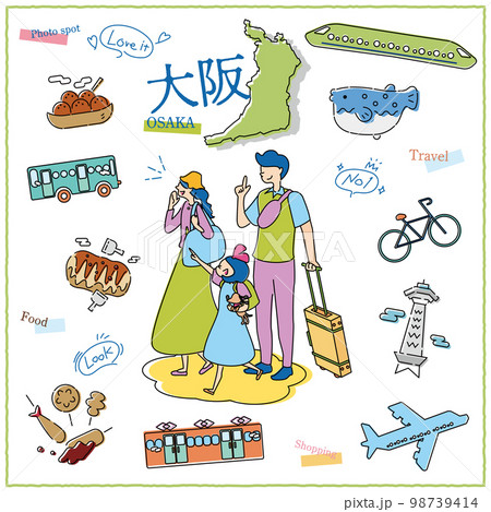 日本の大阪府のグルメ観光を楽しむ旅行客の家族とアイコンセット（線画） 98739414