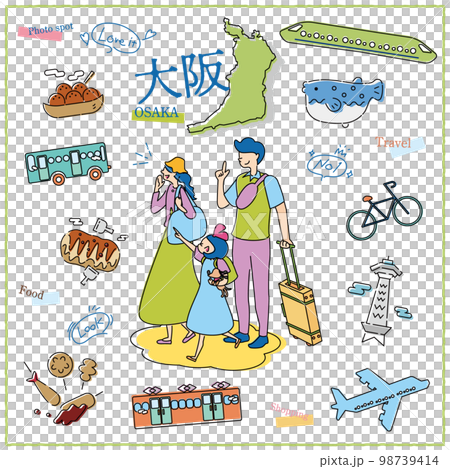 Tourist family and icon set (line drawing) enjoying gourmet sightseeing in Osaka Prefecture, Japan Tourist family and icon set (line drawing) enjoying gourmet sightseeing in Osaka Prefecture, Japan 98739414