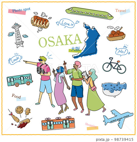 日本の大阪府のグルメ観光を楽しむ旅行客とアイコンセット（線画） 98739415