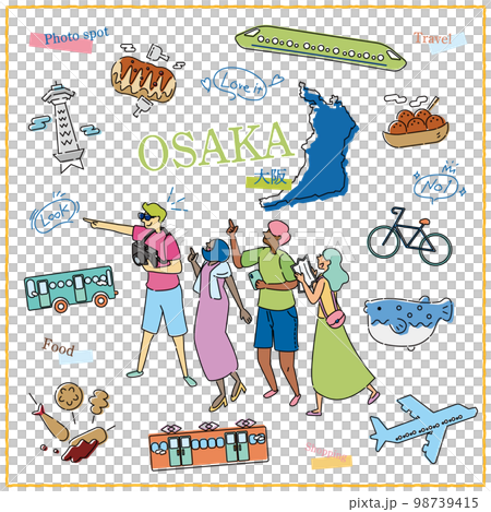 日本の大阪府のグルメ観光を楽しむ旅行客とアイコンセット（線画） 98739415