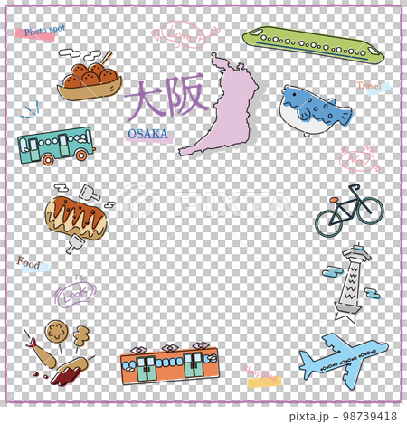 Icon set of gourmet tourism in Osaka Prefecture, Japan (line drawing) 98739418