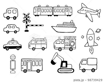 シンプルかわいい乗り物塗り絵イラストセット シンプルかわいい乗り物塗り絵イラストセット 98739429