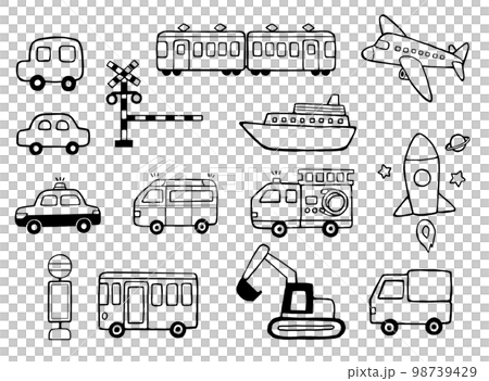 シンプルかわいい乗り物塗り絵イラストセット シンプルかわいい乗り物塗り絵イラストセット 98739429