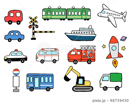 シンプルかわいい乗り物イラストセット シンプルかわいい乗り物イラストセット 98739430