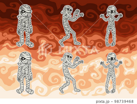 Six different ancient Egyptian mummies with patterned backgrounds 98739468