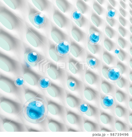 3d synthetic fiber absorbent with sanitary napkin, ventilate shows water droplets for diapers, baby diaper adult concept, liquid detergent, washing powder, 3d render illustration 98739496