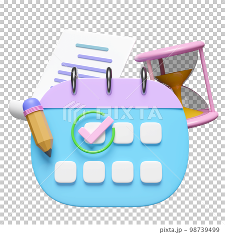 3d calendar with hourglass, checkmark icons, marked date, checklist, pencil isolated. schedule appointment business concept, 3d render illustration 98739499