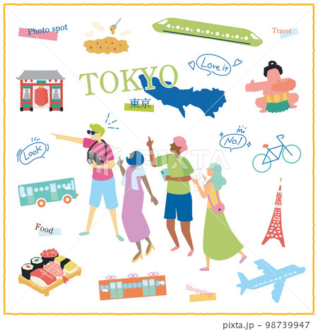日本の東京都のグルメ観光を楽しむ旅行客とアイコンセット 98739947