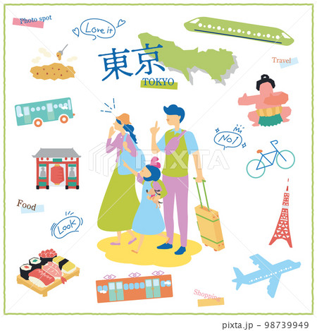 日本の東京都のグルメ観光を楽しむ旅行客の家族とアイコンセット 98739949