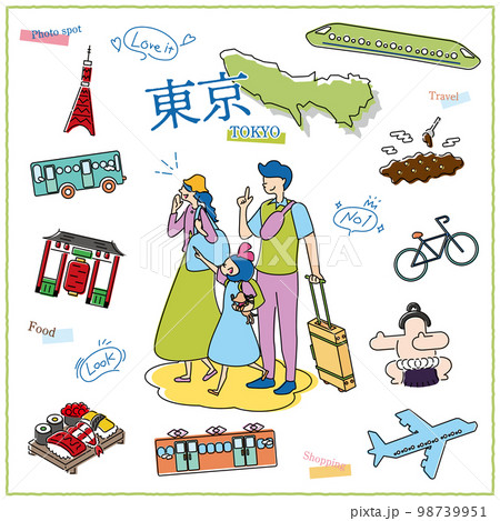 日本の東京都のグルメ観光を楽しむ旅行客の家族とアイコンセット（線画） 98739951