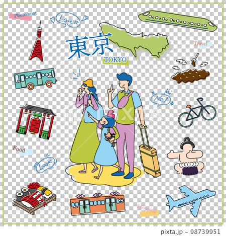 日本の東京都のグルメ観光を楽しむ旅行客の家族とアイコンセット（線画） 98739951