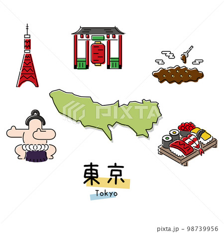 日本の東京都のグルメ観光アイコンセット（線画） 98739956
